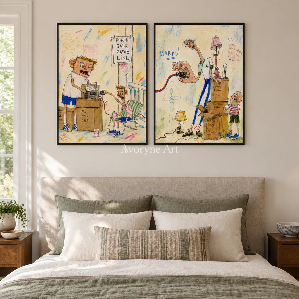 Warm Prelude everyday character diptych with a black frame above a bed in a bedroom