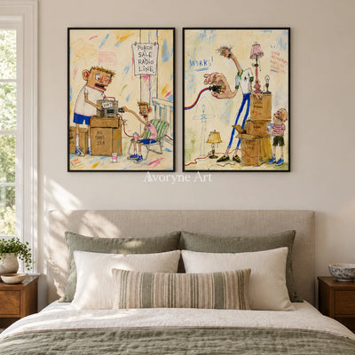Warm Prelude everyday character diptych with a black frame above a bed in a bedroom