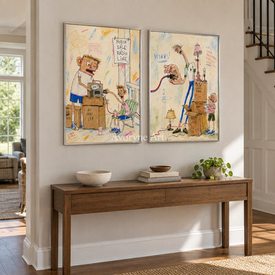 Warm Prelude everyday character diptych with a silver frame in an entryway