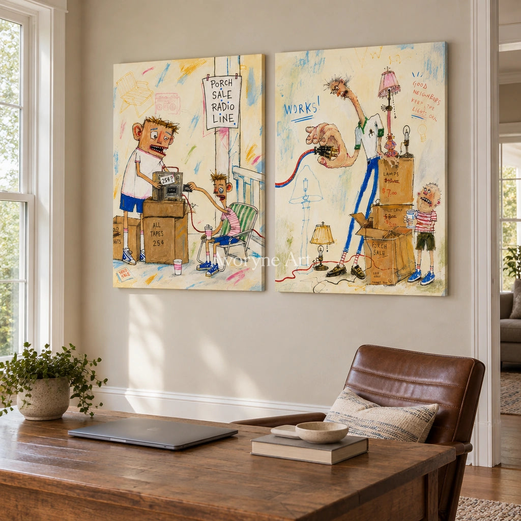 Warm Prelude everyday character diptych as a frameless stretched canvas in a home office