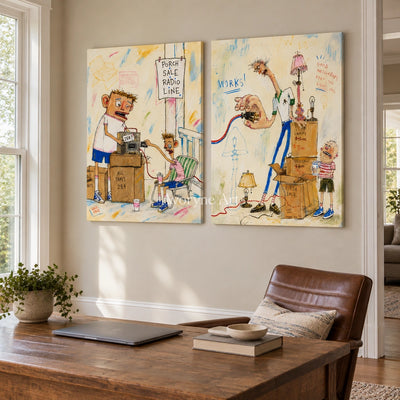 Warm Prelude everyday character diptych as a frameless stretched canvas in a home office