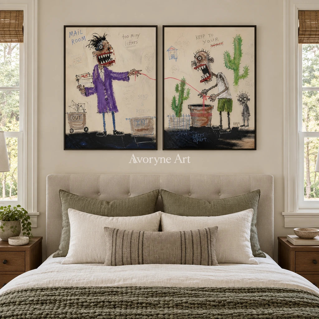 Warm Reverberation everyday character diptych with a black frame above a bed in a bedroom