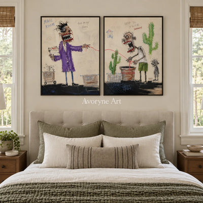 Warm Reverberation everyday character diptych with a black frame above a bed in a bedroom