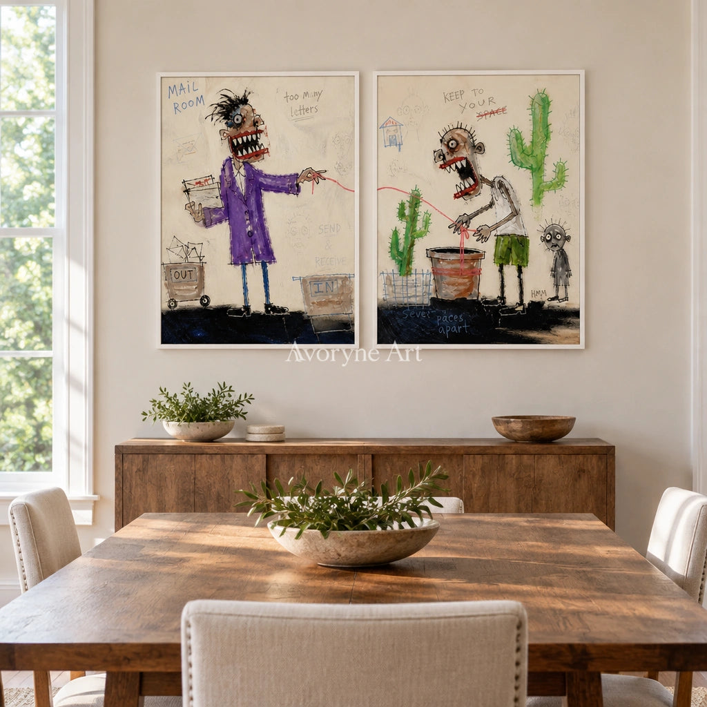 Warm Reverberation everyday character diptych with a white frame in a dining room