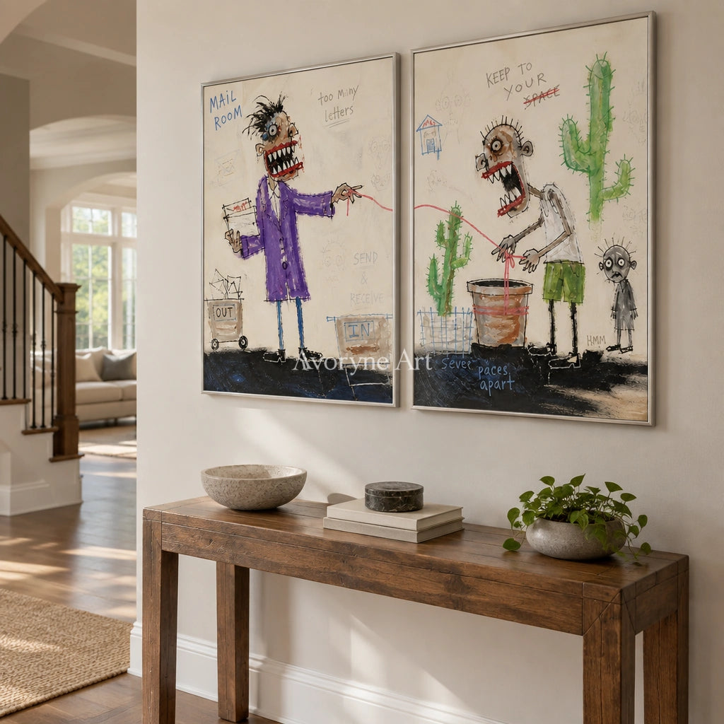Warm Reverberation everyday character diptych with a silver frame in an entryway