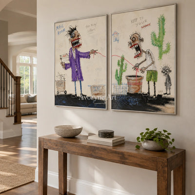 Warm Reverberation everyday character diptych with a silver frame in an entryway
