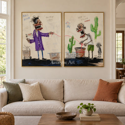 Warm Reverberation everyday character diptych with a gold frame hanging in a living room