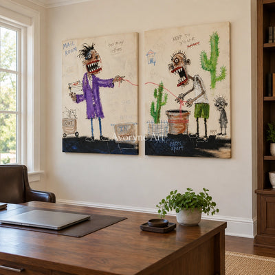 Warm Reverberation everyday character diptych as a frameless stretched canvas in a home office