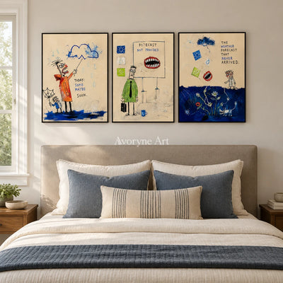 Warm Dialogue everyday character triptych with a black frame above a bed in a bedroom