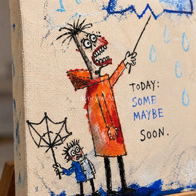 Close-up of the hand-painted texture of Warm Dialogue everyday character triptych on an easel
