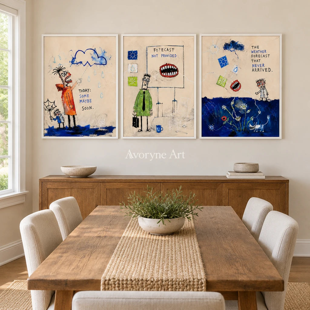 Warm Dialogue everyday character triptych with a white frame in a dining room