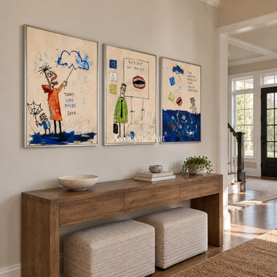 Warm Dialogue everyday character triptych with a silver frame in an entryway