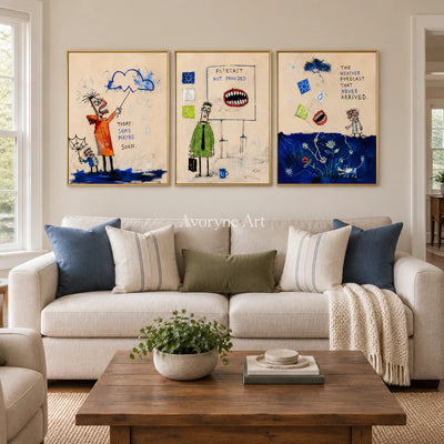 Warm Dialogue everyday character triptych with a gold frame hanging in a living room