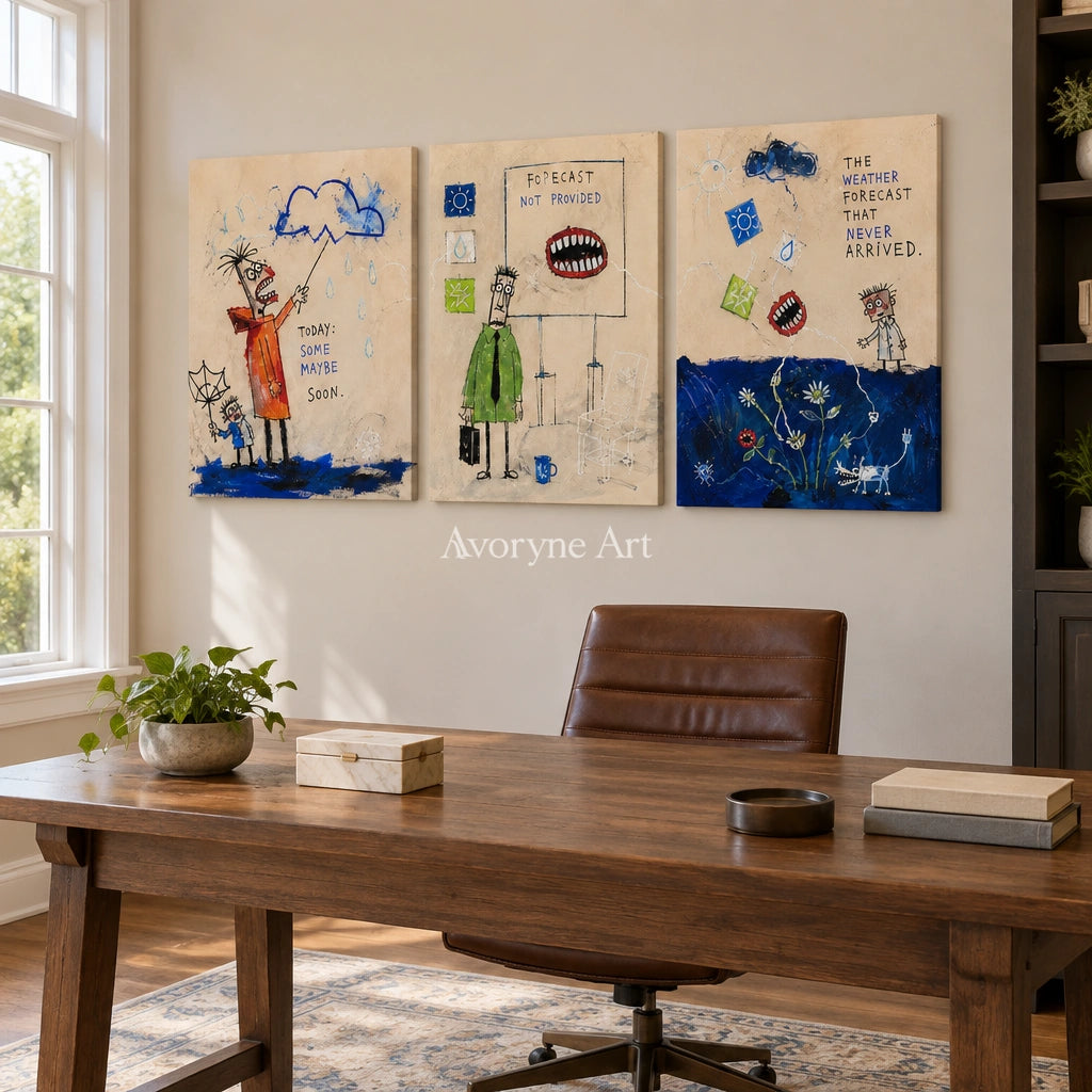 Warm Dialogue everyday character triptych as a frameless stretched canvas in a home office
