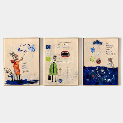 Warm Dialogue, hand-painted everyday character triptych by Jeroen van der Meer