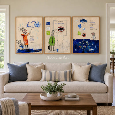 Warm Dialogue everyday character triptych with a wood frame in a villa living space