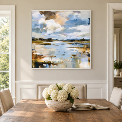 Marsh Light: Expressive Abstract Landscape Wall Art — dining white