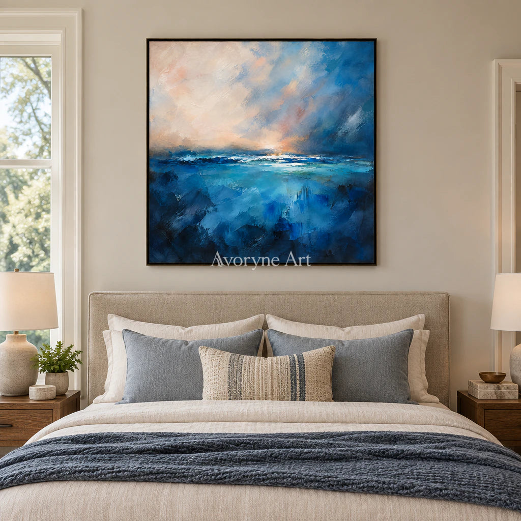 Cobalt Break: Expressive Abstract Seascape Wall Art — bedroom black
