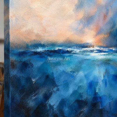 Cobalt Break: Expressive Abstract Seascape Wall Art — detail easel