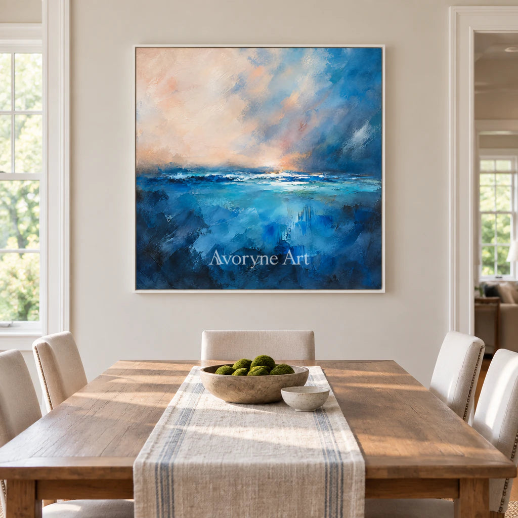 Cobalt Break: Expressive Abstract Seascape Wall Art — dining white