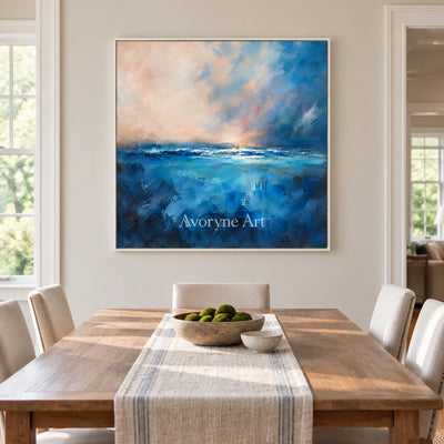 Cobalt Break: Expressive Abstract Seascape Wall Art — dining white