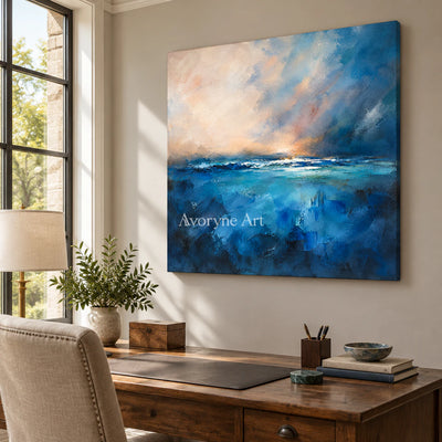 Cobalt Break: Expressive Abstract Seascape Wall Art — office frameless
