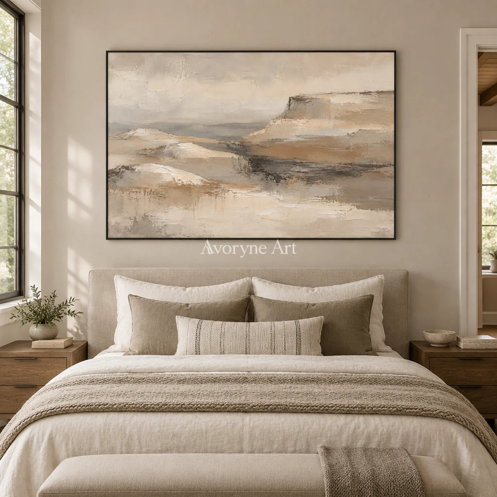 Plateau Haze: Expressive Beige Landscape Wall Art — bedroom black