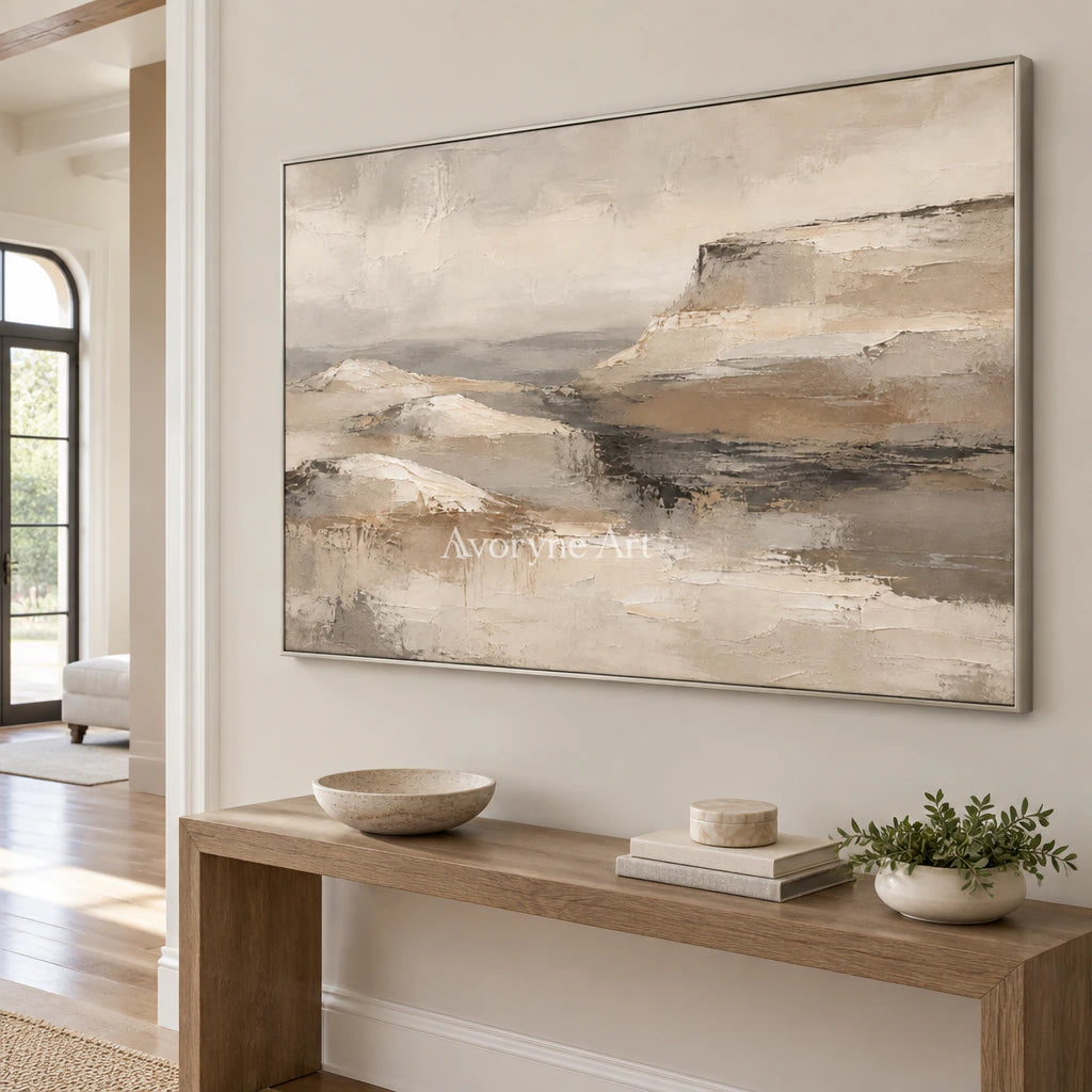 Plateau Haze: Expressive Beige Landscape Wall Art — entry silver
