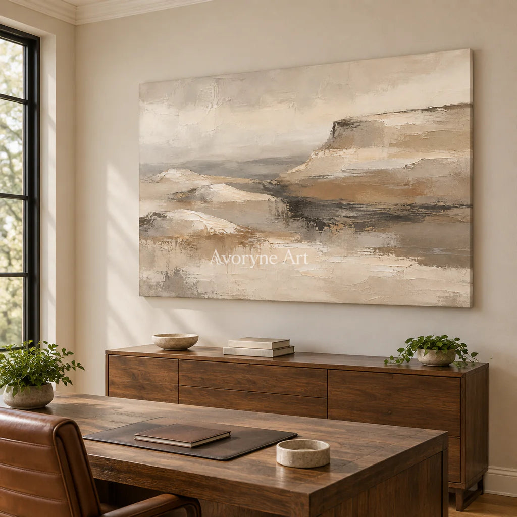 Plateau Haze: Expressive Beige Landscape Wall Art — office frameless