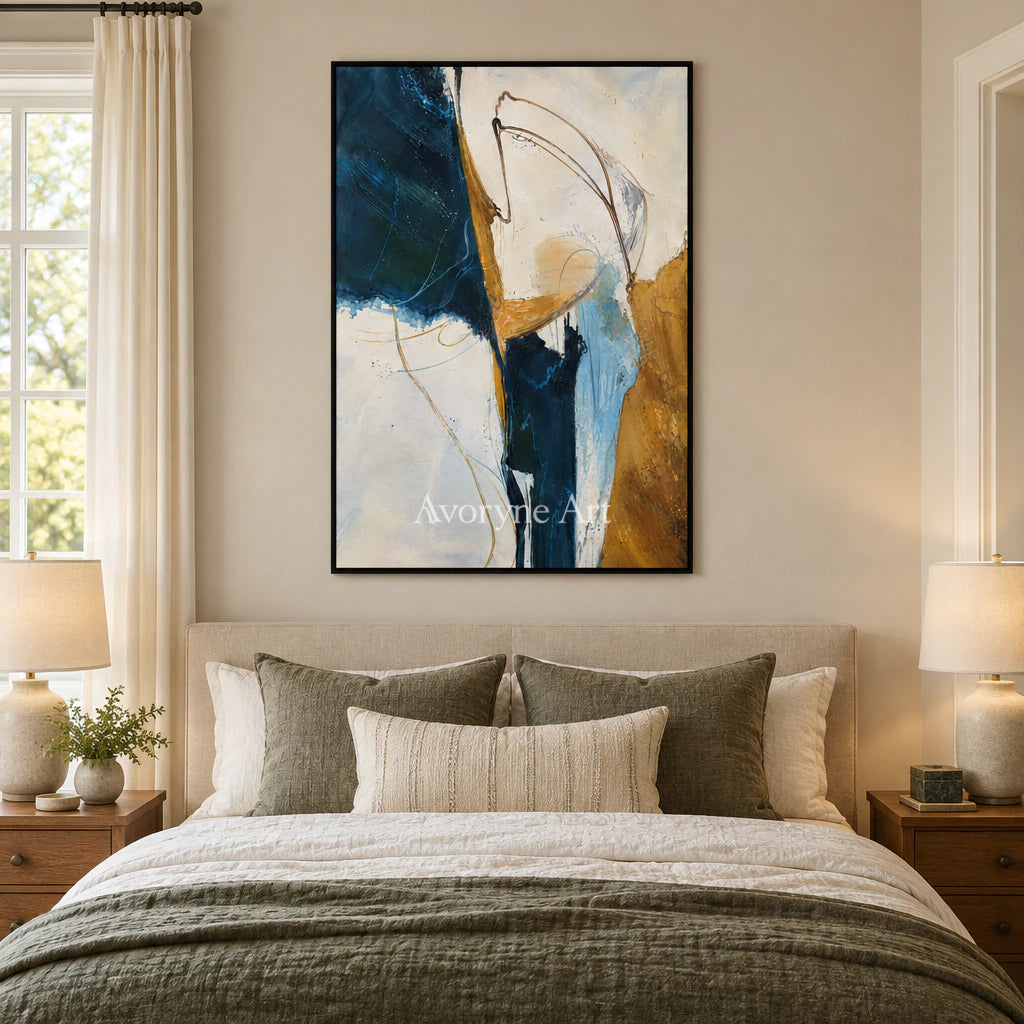 Tidal Gesture: Expressive Blue Abstract Wall Art — bedroom black