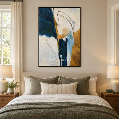 Tidal Gesture: Expressive Blue Abstract Wall Art — bedroom black