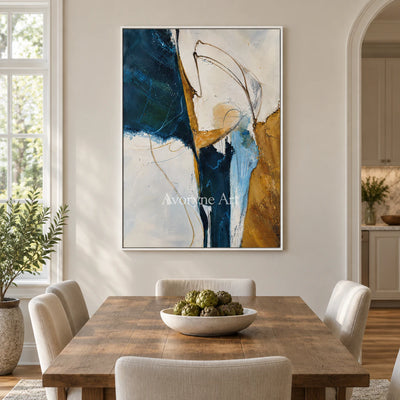 Tidal Gesture: Expressive Blue Abstract Wall Art — dining white