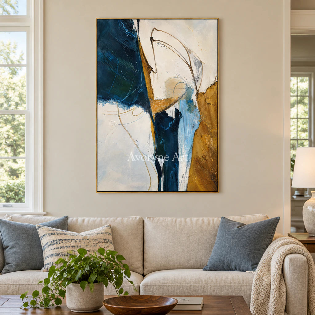 Tidal Gesture: Expressive Blue Abstract Wall Art — living gold