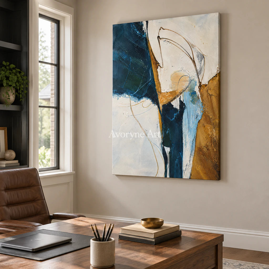 Tidal Gesture: Expressive Blue Abstract Wall Art — office frameless