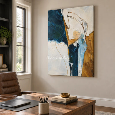 Tidal Gesture: Expressive Blue Abstract Wall Art — office frameless