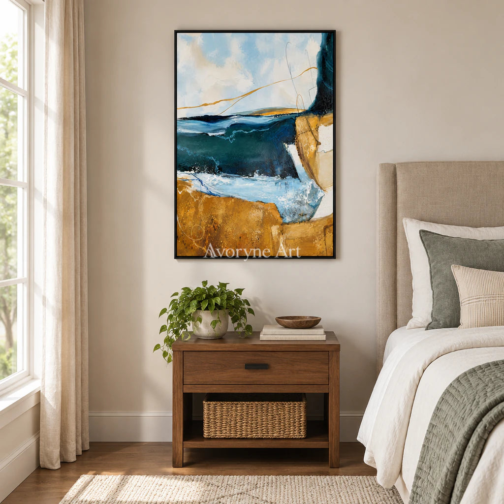 Gilded Current: Expressive Blue Abstract Wall Art — bedroom black