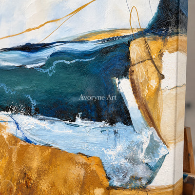 Gilded Current: Expressive Blue Abstract Wall Art — detail easel