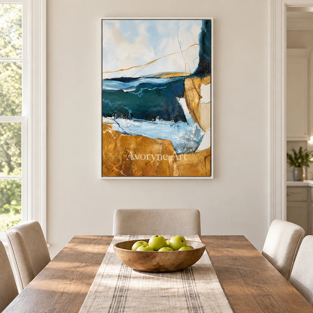 Gilded Current: Expressive Blue Abstract Wall Art — dining white