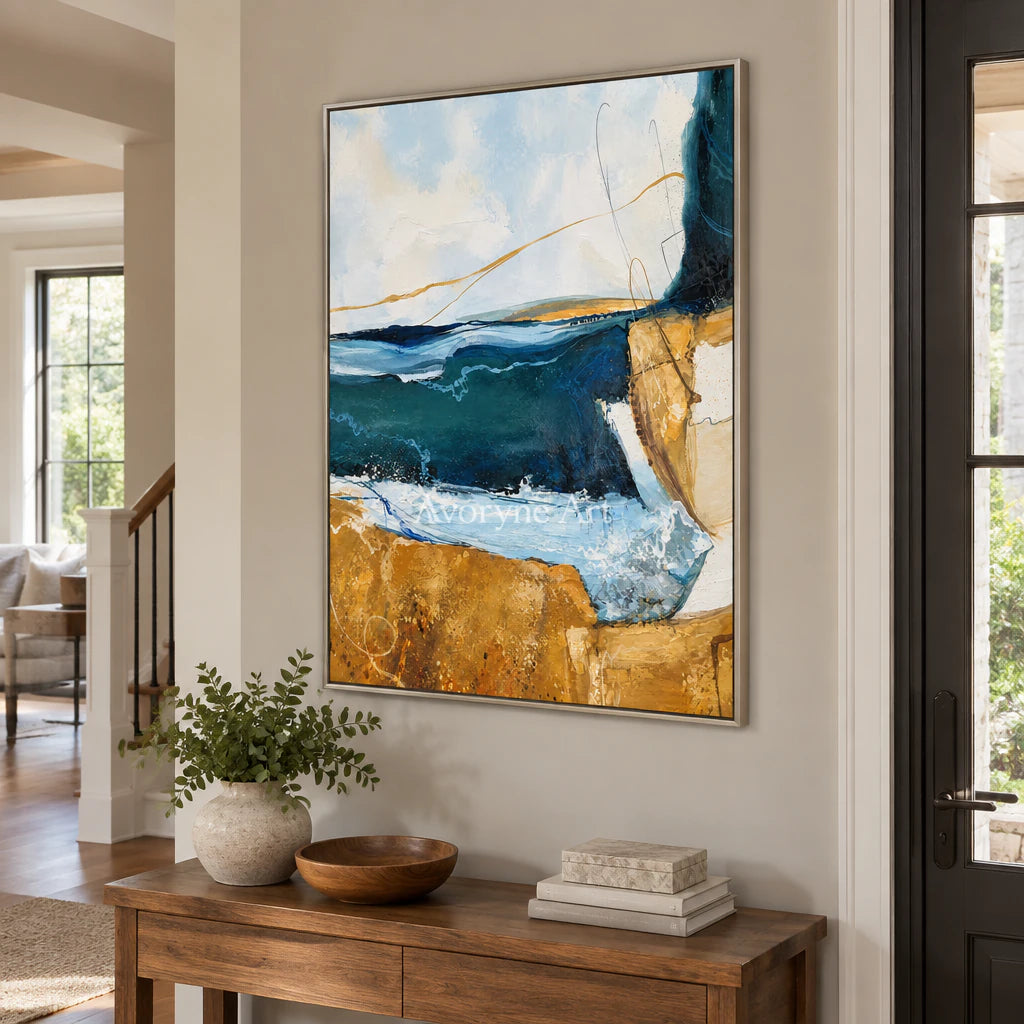 Gilded Current: Expressive Blue Abstract Wall Art — entry silver