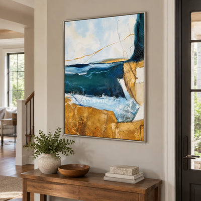 Gilded Current: Expressive Blue Abstract Wall Art — entry silver