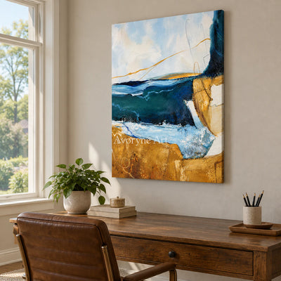 Gilded Current: Expressive Blue Abstract Wall Art — office frameless