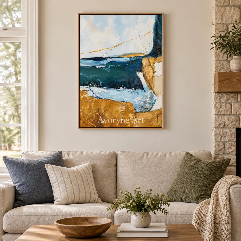 Gilded Current: Expressive Blue Abstract Wall Art — villa wood