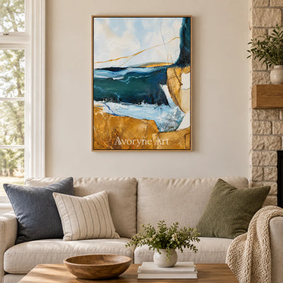 Gilded Current: Expressive Blue Abstract Wall Art — villa wood