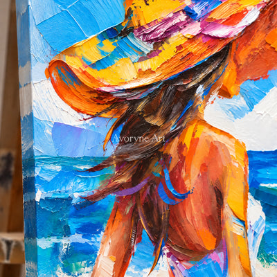 Seaside Muse: Expressive Colorful Blue Woman Wall Art — detail easel