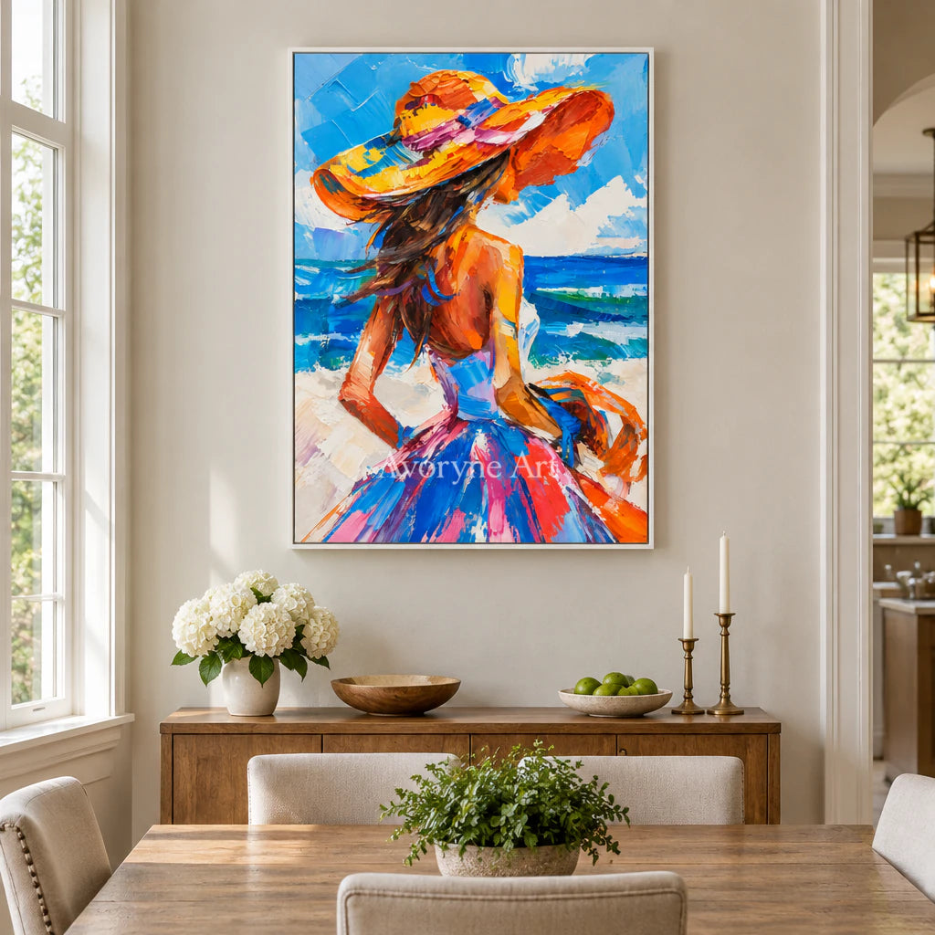 Seaside Muse: Expressive Colorful Blue Woman Wall Art — dining white