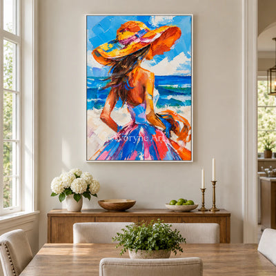 Seaside Muse: Expressive Colorful Blue Woman Wall Art — dining white