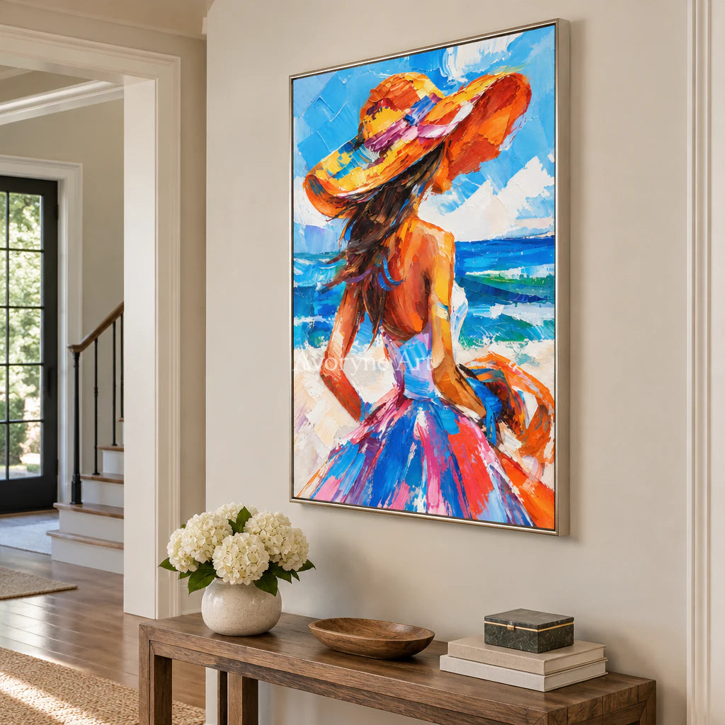 Seaside Muse: Expressive Colorful Blue Woman Wall Art — entry silver