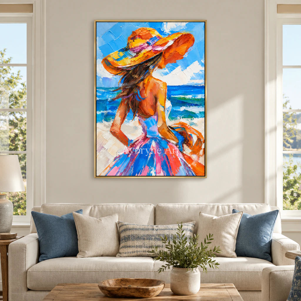 Seaside Muse: Expressive Colorful Blue Woman Wall Art — living gold