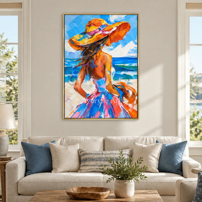 Seaside Muse: Expressive Colorful Blue Woman Wall Art — living gold