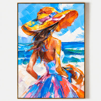 Seaside Muse: Expressive Colorful Blue Woman Wall Art — primary
